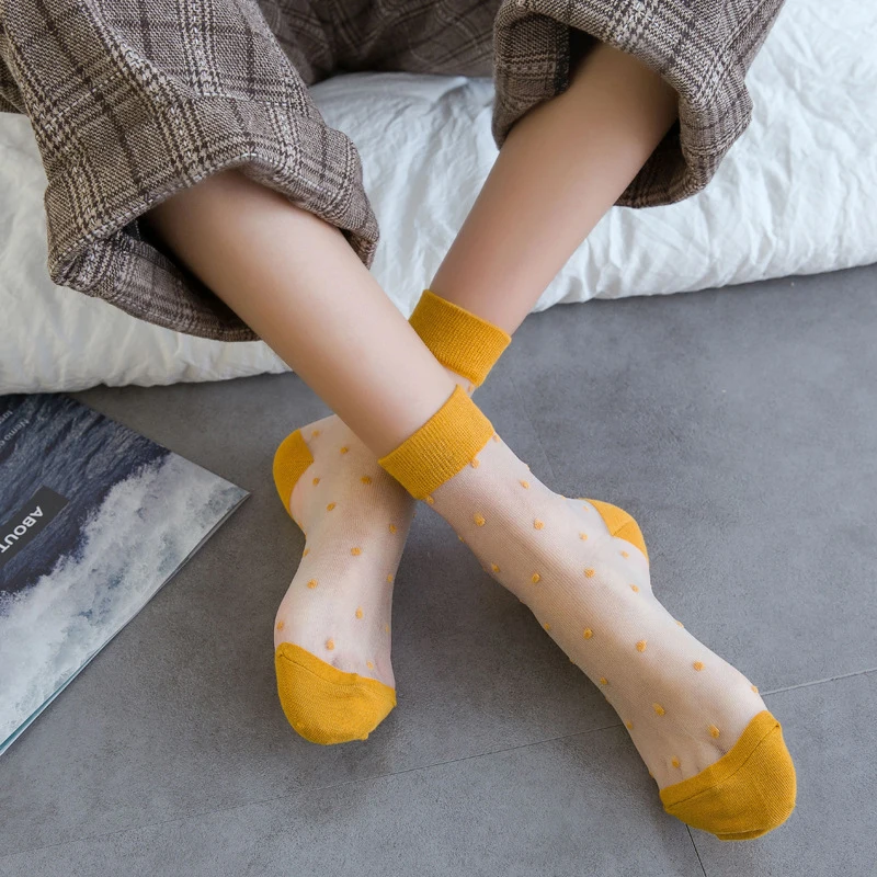 Transparent Cute Socks Ultra-Thin Glass Lace Silk Socks Women Harajuku Japanese Style Sox Girl Sweet Candy Color Thin Hosiery