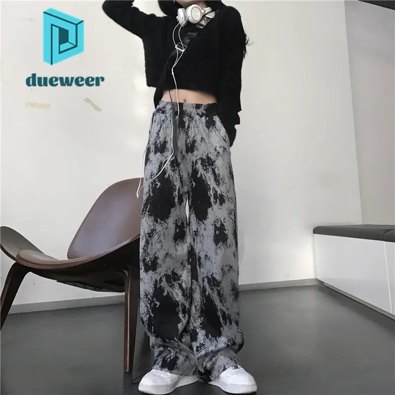 

DUEWEER Women Large Size Casual Sports Pants Autumn High Waist Loose Straight Leg Trousers Tie Dye Vintage Streetwear Fashion