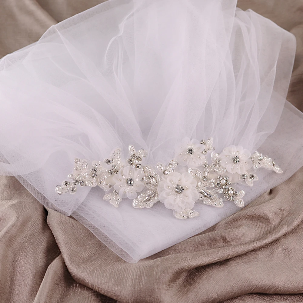 Flor artesanal tule véus de casamento com strass uma camada com pente branco marfim véu nupcial noiva casamento acessório