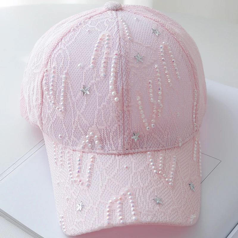 Summer Women\'s Hat Korean Fashion Wild Rhinestone Outdoor Sunscreen Baseball Caps Ladies Lace Thin Breathable Mesh Cap