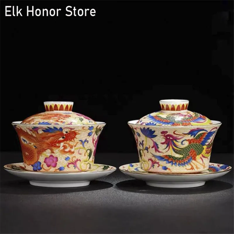 

280ml Retro Dragon Phoenix Ceramic Gaiwan Teacup Handmade Tea Tureen Bowl Chinese Porcelain Teaware Drinkware Personal Cup Gift