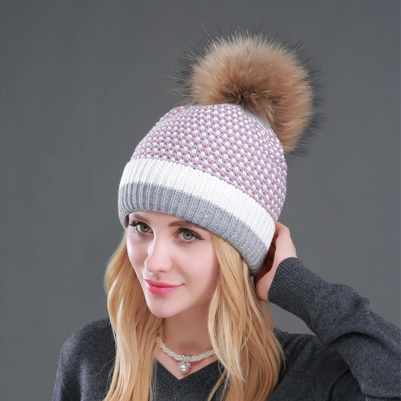 CNTANG 2024 New Double layer Plus Velvet Warm Hat Winter Knitted Beanie Fashion Hats For Women Natural Raccoon Fur Pompom Female