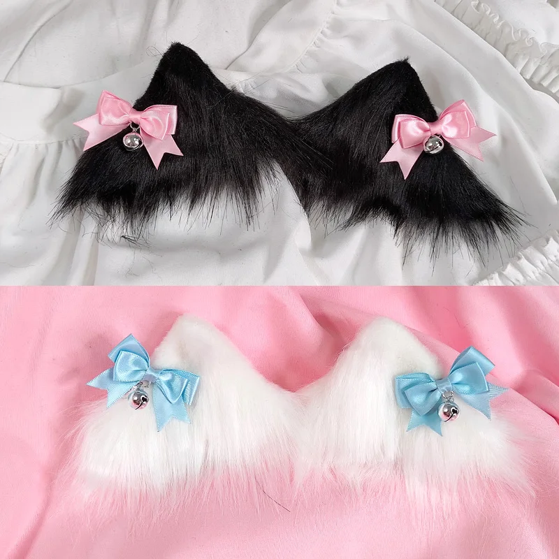 Moño con orejas de gato para mujer, accesorios para el cabello, pasadores, orejas de Anime JK, color blanco y negro