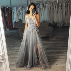 Gray Split Long Prom Dresses 2021 Women Formal Party Vestidos De Fiesta Elegant Appliques Sexy V-Neck Gala Jurken Evening Gowns