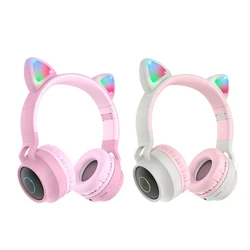 LED Cat Ear Headphones Noise Cancelling Bluetooth 5.0 Adults and Kids Headset Support TF Card FM Radio With Mic Wireless+Wired