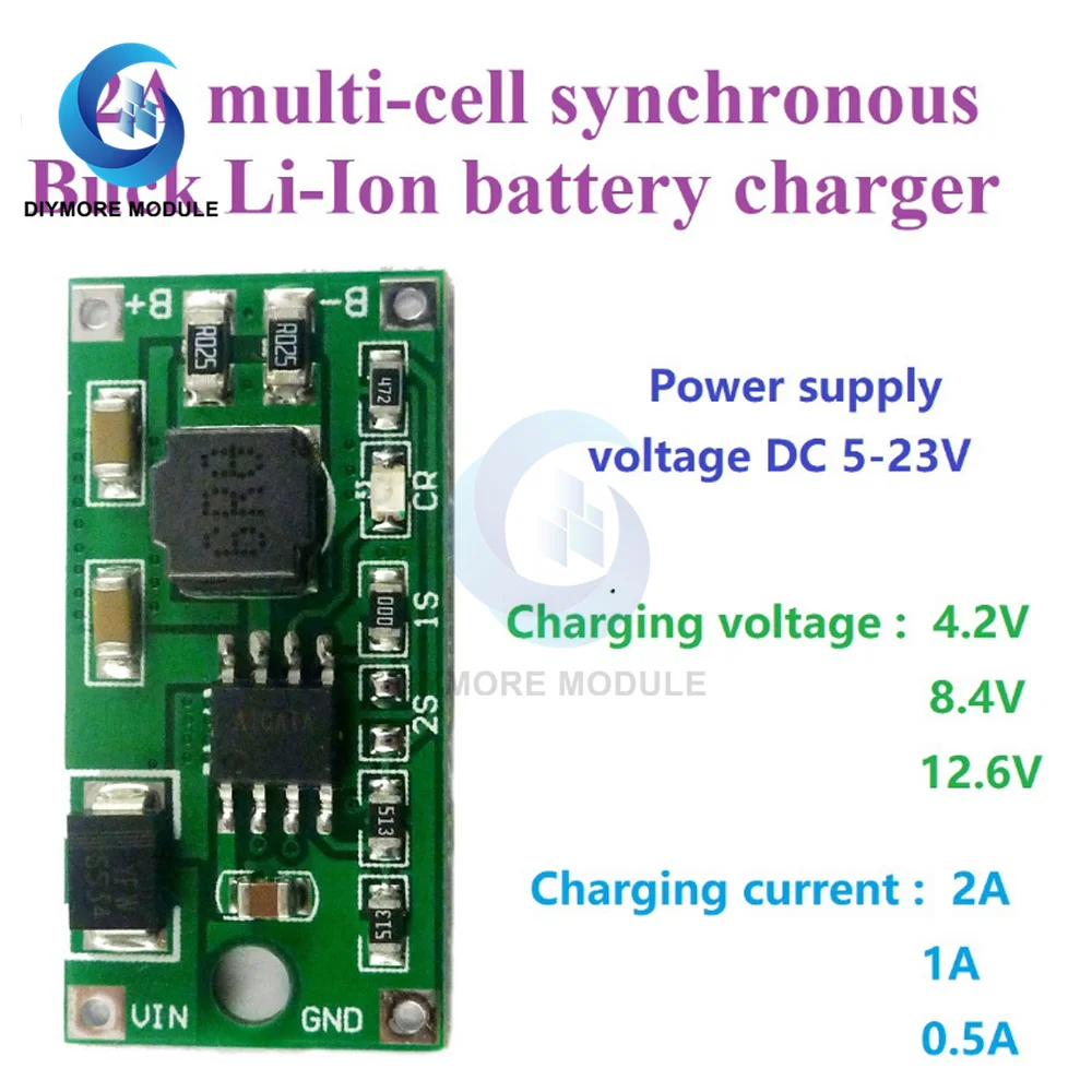 2A Multi-Cell Synchronous Buck Li-Ion Charger DC 5-23V to 4.2V 8.4V 12.6V for 3.7V 7.4V 11.1V 18650 Lithium Battery