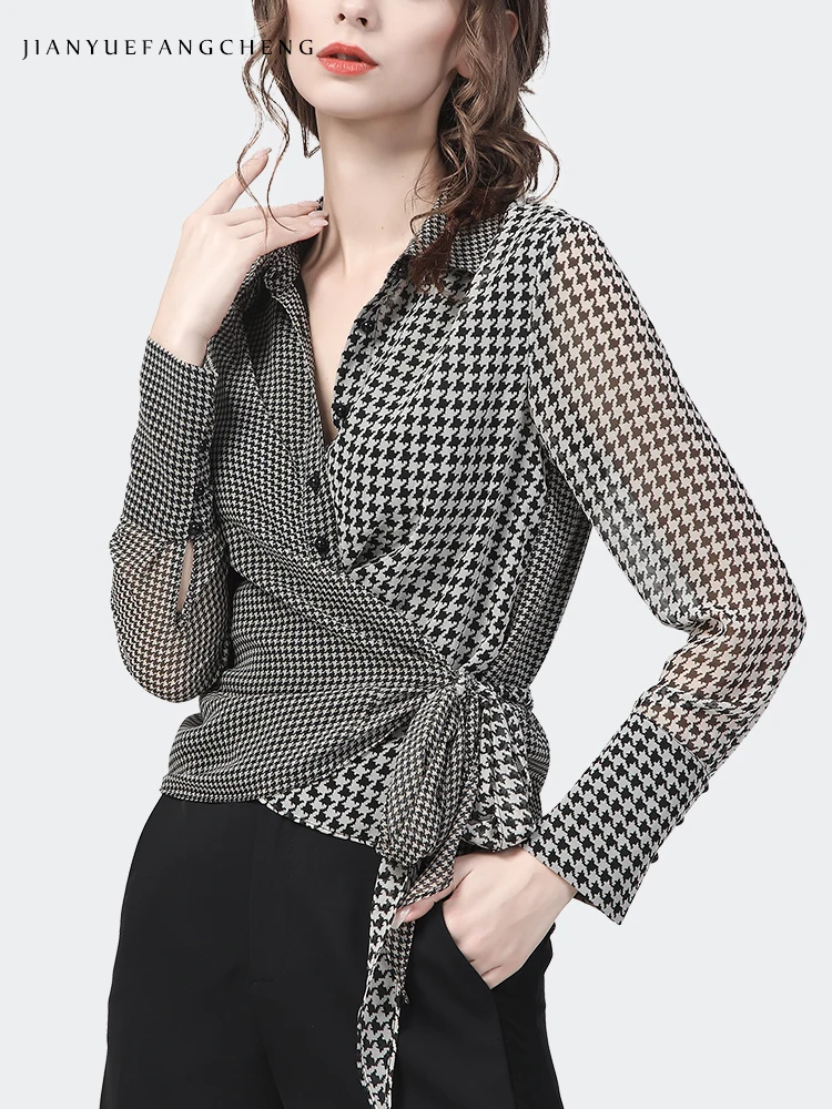 Fashion Womens Chiffon Plaid Shirt 2022 Spring New Long Sleeve Turn-down Collar Crossed Lace-Up Tops Casual Office Female Blouse