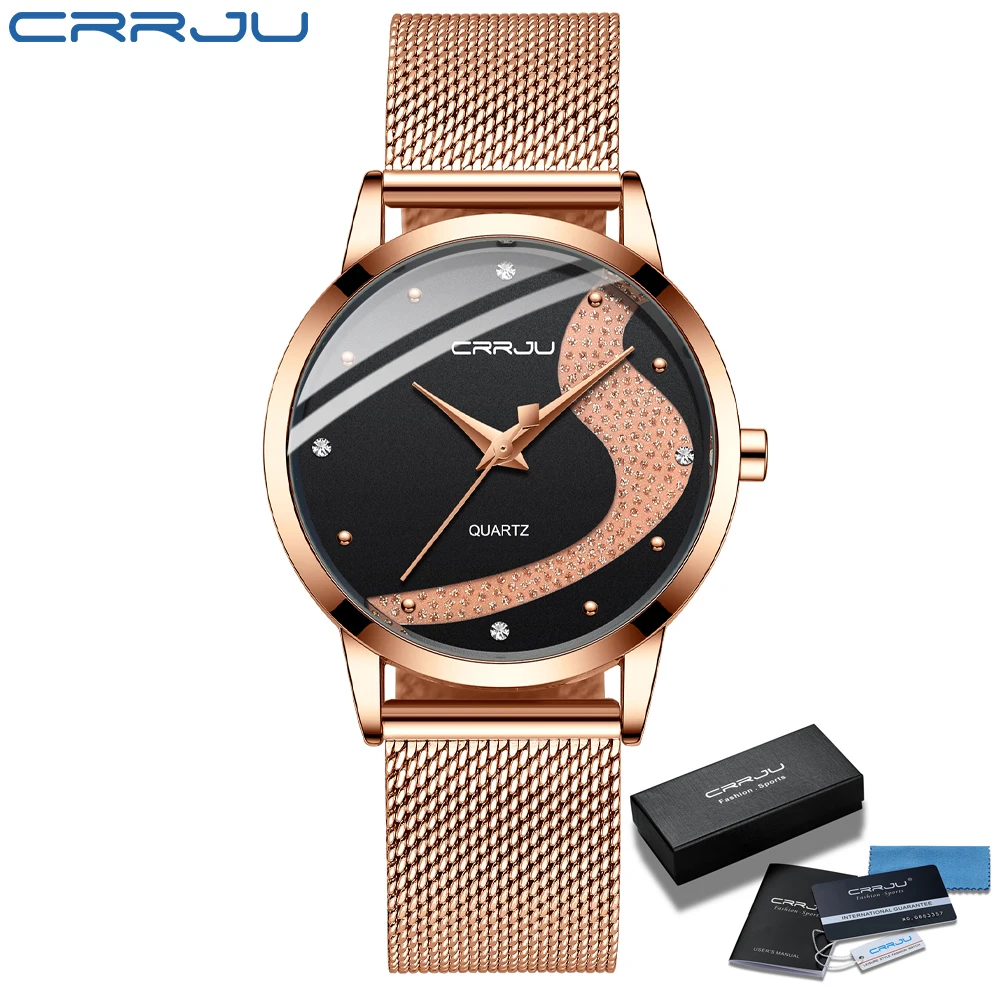 CRRJU-Montre à Quartz Étanche pour Femme, Marque de Luxe, Strass, Décontracté, Robe Galaxy, Maille