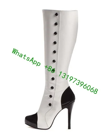 

2022 F winter knee boots black white color mix boots patent leather pointed toe stiletto boots high heels daily boots size 3442