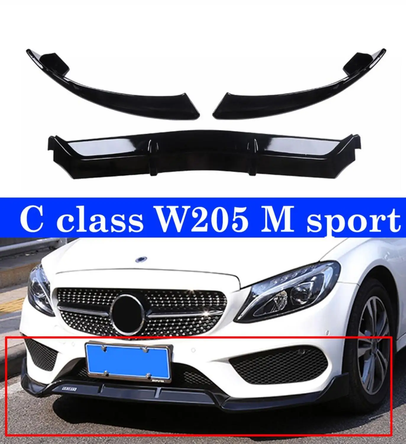 

3 unids/set parachoques delantero labio divisor para Mercedes W205 C180 C200 C300 C43 W117 A18 A200 A45 W213 E300 E200 E320 ABS