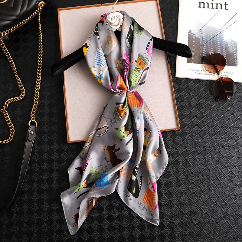 Luxury Brand 2024 New Fashion Summer Silk Square Scarf Women Cat Satin Neck Hair Tie Band Beach Hijab Head Female Foulard