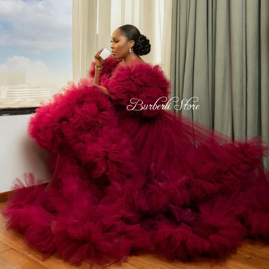 Gorgeous Burgundy Lush Tulle Women Prom Gowns Puff Sleeves High Low Women Dresses To Wedding Party Ruffles Tulle Mesh