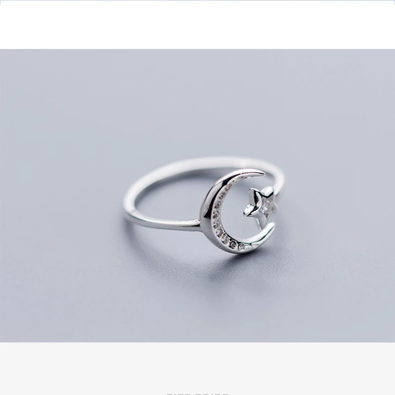 Real 925 Sterling Silver Minimalist Zircon Moon Star Opening Ring For Charming Women Party Fine Jewelry Cute 2019 Gift