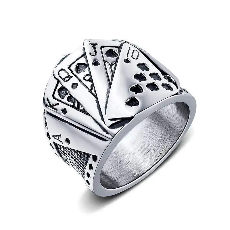 Hemiston Magician Playing Card Men's Titanium Steel Ring Retro Hip Hop Texas Poker Tonghuashun Casting Ring