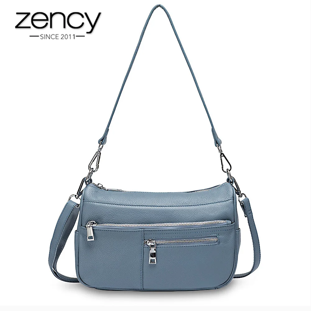 Zency Noble Temperament Women Shoulder Bag 100% Genuine Leather Spring Linen Blue Fashion Crossbody Purse Beige Hobos Handbag