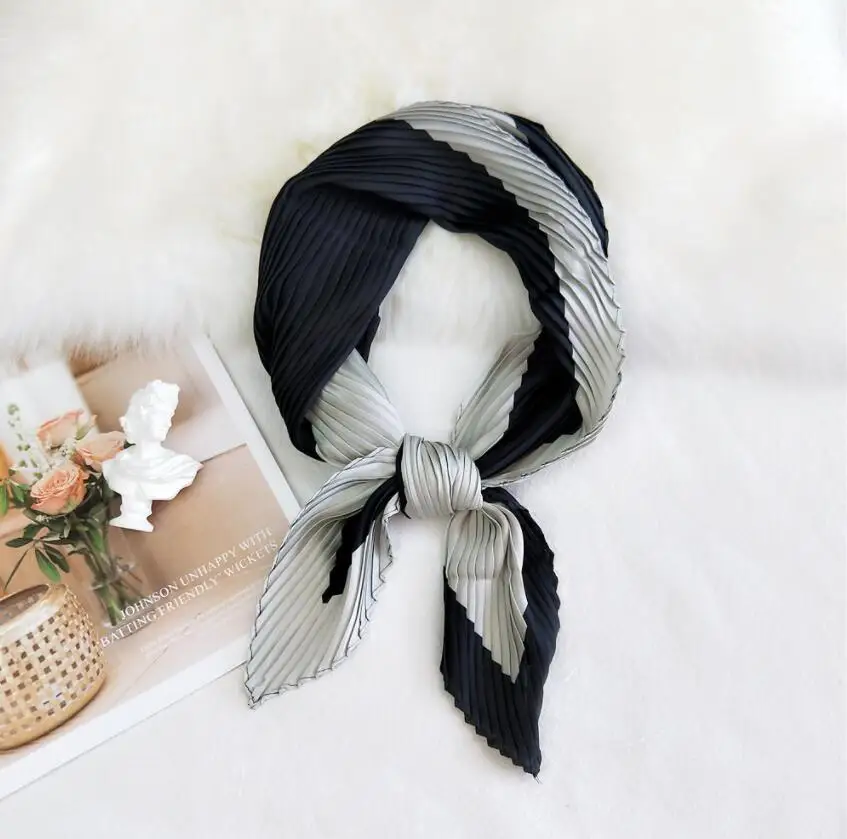 Summer Multifunction New Elegant Decorated Scarf for Women Small Pleated Neck Scarf Crinkle Pattern Silk Headwear 2021