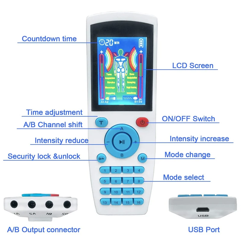 16 Mode 4 Output EMS Electric TENS Unit Electronic Pulse Low Frequency Physiotherapy Device Massager Muscle Stimulator