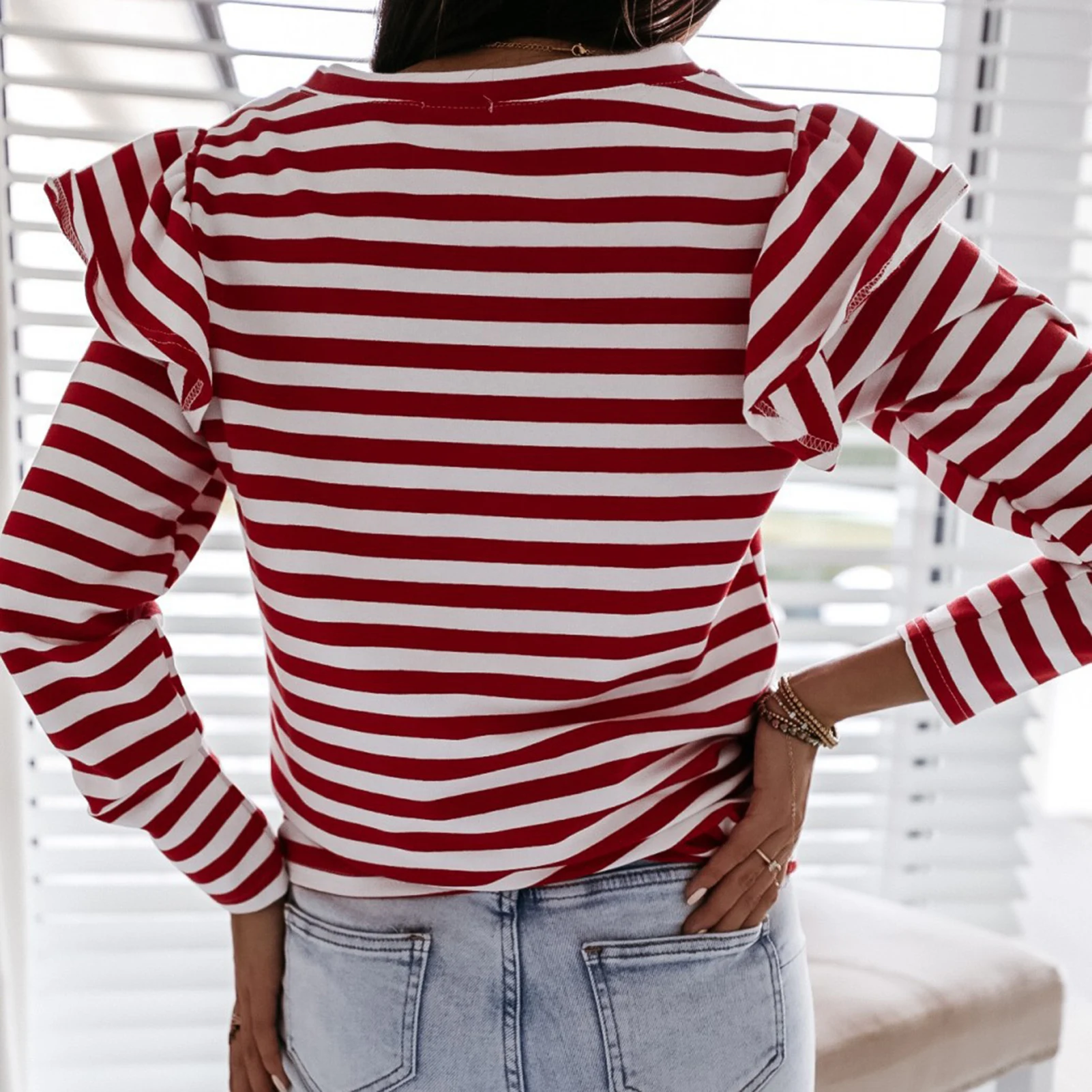 Striped T shirt for Women Autumn Long Sleeve Tshirt Pullovers Women Casual Ruffled O Neck Tshirts Jumpers Top femme t-shirts