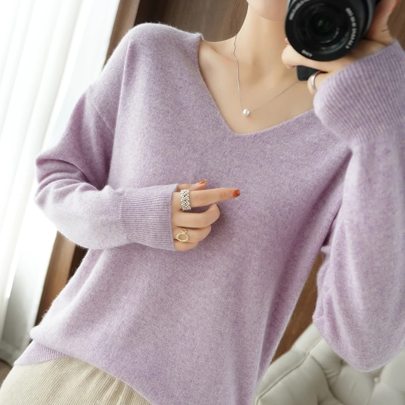 

Autumn and winter v-neck cashmere sweater women loose sweater pure color long-sleeved wool sweater 100% wool