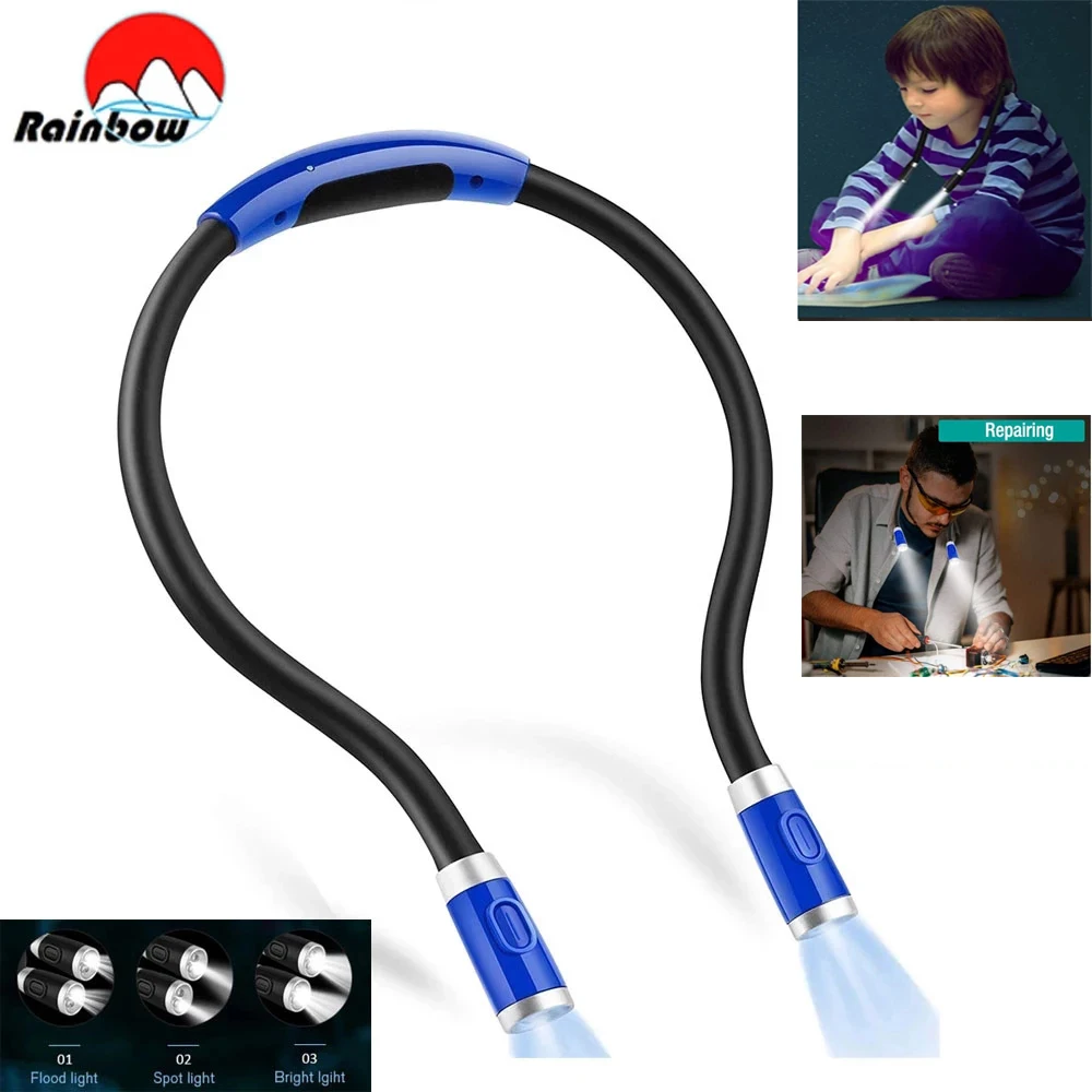 USB Rechargeable Portable Neck Book Light with 4 LED Reading Lamp 3 Modes Flexible Head Torch for Camping And Reading