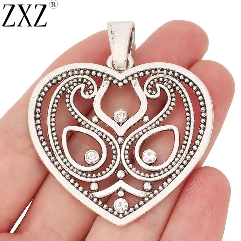 

ZXZ 2pcs Tibetan Silver Large Heart & Rhinestone Charms Pendants for Necklace Jewelry Making Findings 61x50mm
