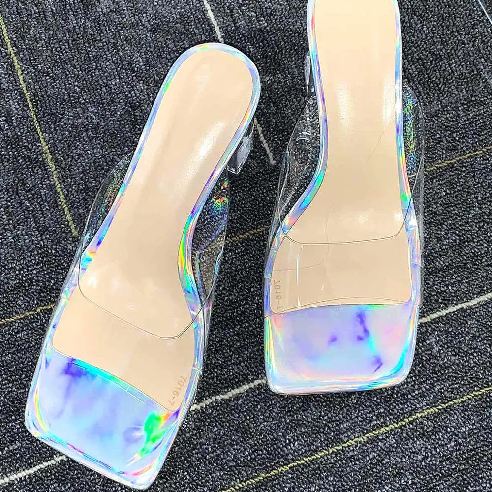 Onlymaker Women Colorful Square Open Toe Clear Crystal Chunky Square Heels Sandals Mules Mid heels Shoes Low Heels