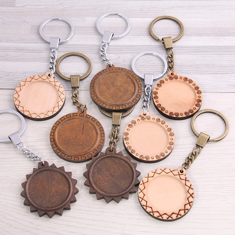 SWEET BELL  5pcs 30mm 4 Style Round Wood Cabochon Settings Metal Keyring Accessories Diy Blank Wooden Base Trays For Key Chain