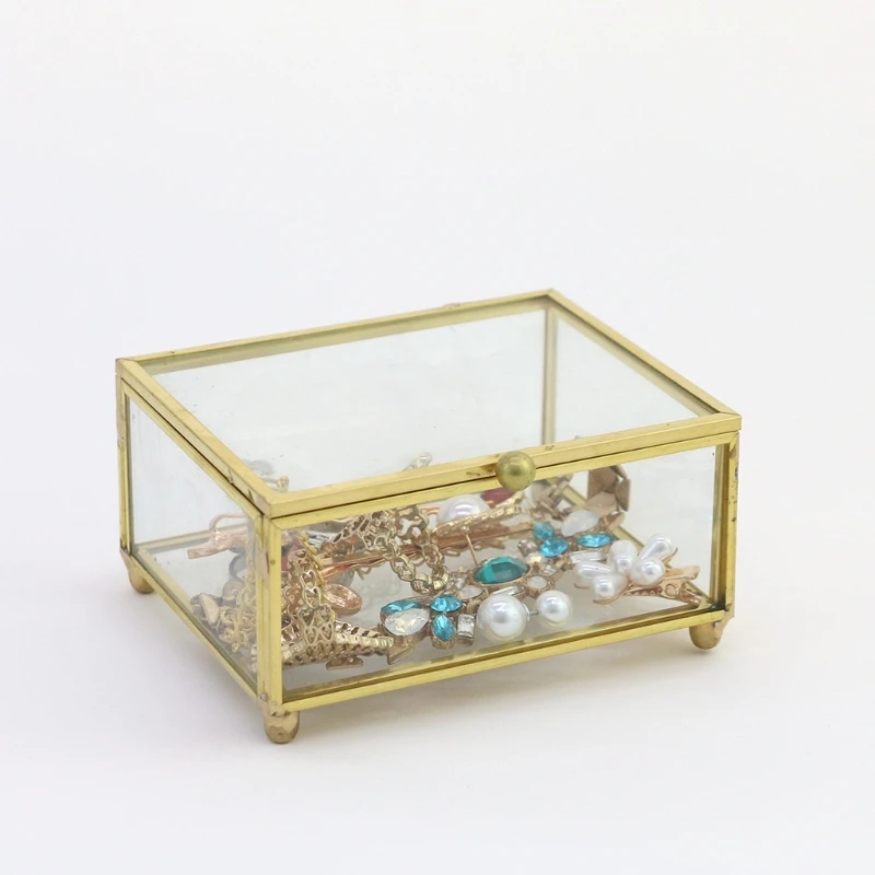 Retro Rectangle Transparent Golden Glass Ring Box Wedding Geometric Jewelry Organizer Home Decorative Box for Storage Trinket
