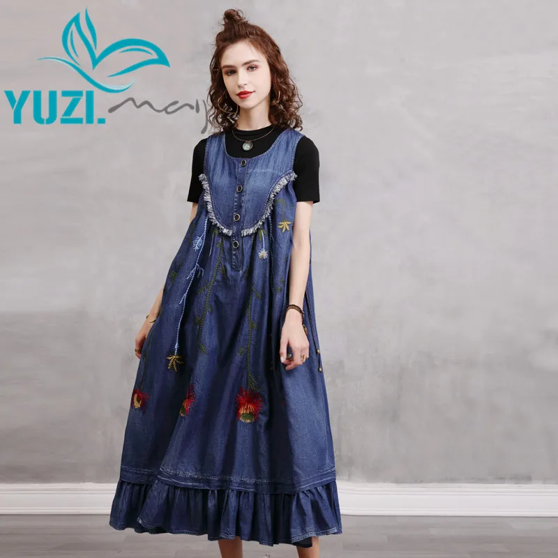 

Summer Women's Dress 2021 Yuzi.may Boho New Denim Woman Dresses Vintage Embroidery Sleeveless Ruffles Hem Vestidos A82337