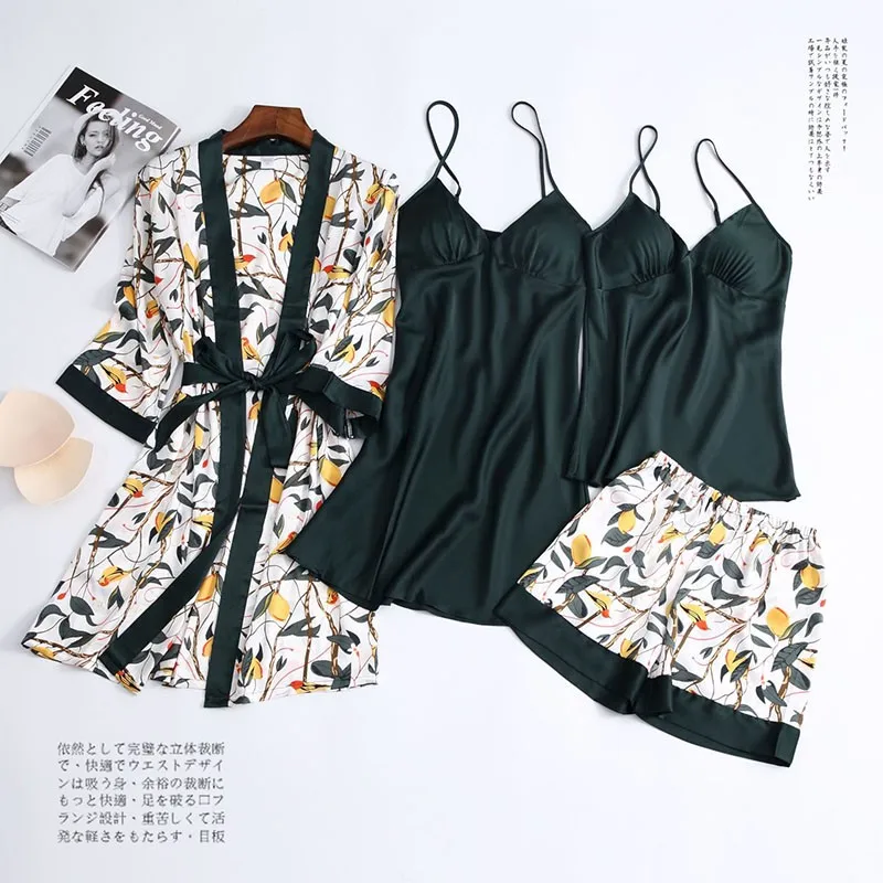 

Women Print 4PCS Rayon Pajamas Set V-Neck Sexy Sling Nightgown Nightdress Lounge Loose Home Wear Kimono Bath Robe Gown Sleepwear