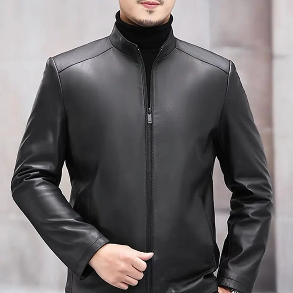 Men Coat Solid Color Faux Leather Autumn Winter Loose Zipper Jacket Lapel Pure Color Outwear