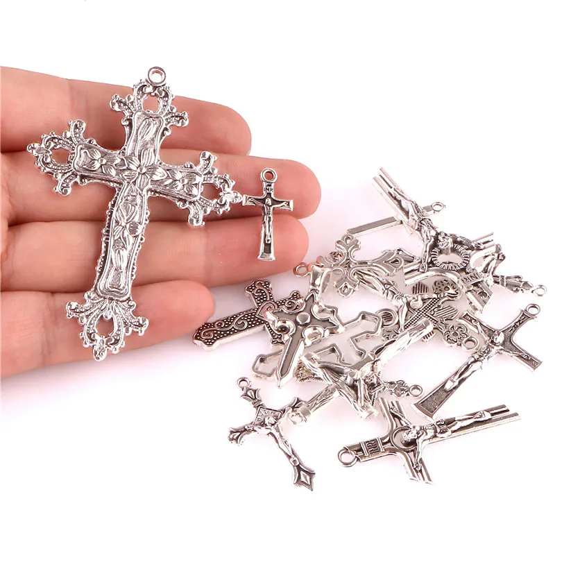 15PCS Mix Vintage Silver Color Crosses Alloy Pendant Charms For Jewelry Making Christ DIY Handmade Necklace Earring Accessories