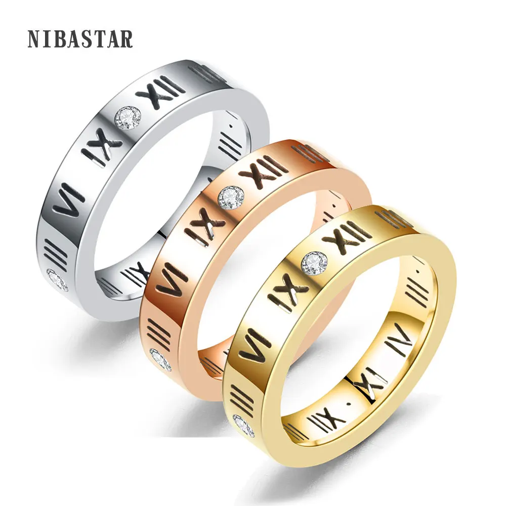 Stainless Steel CZ Roman Numeral Ring for Women Girls,Rose Gold Plated With Crystal