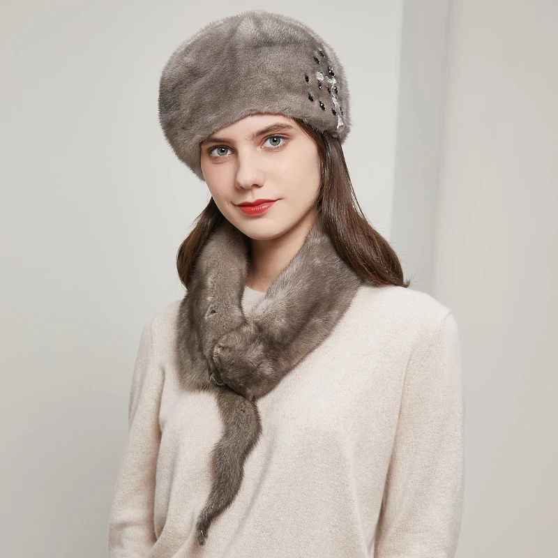 Women's Fashion Mink Fur Straw Hat Natural Whole Fur Straw cap Premium Accessories Ladies Russian Winter Warm Ear Protection