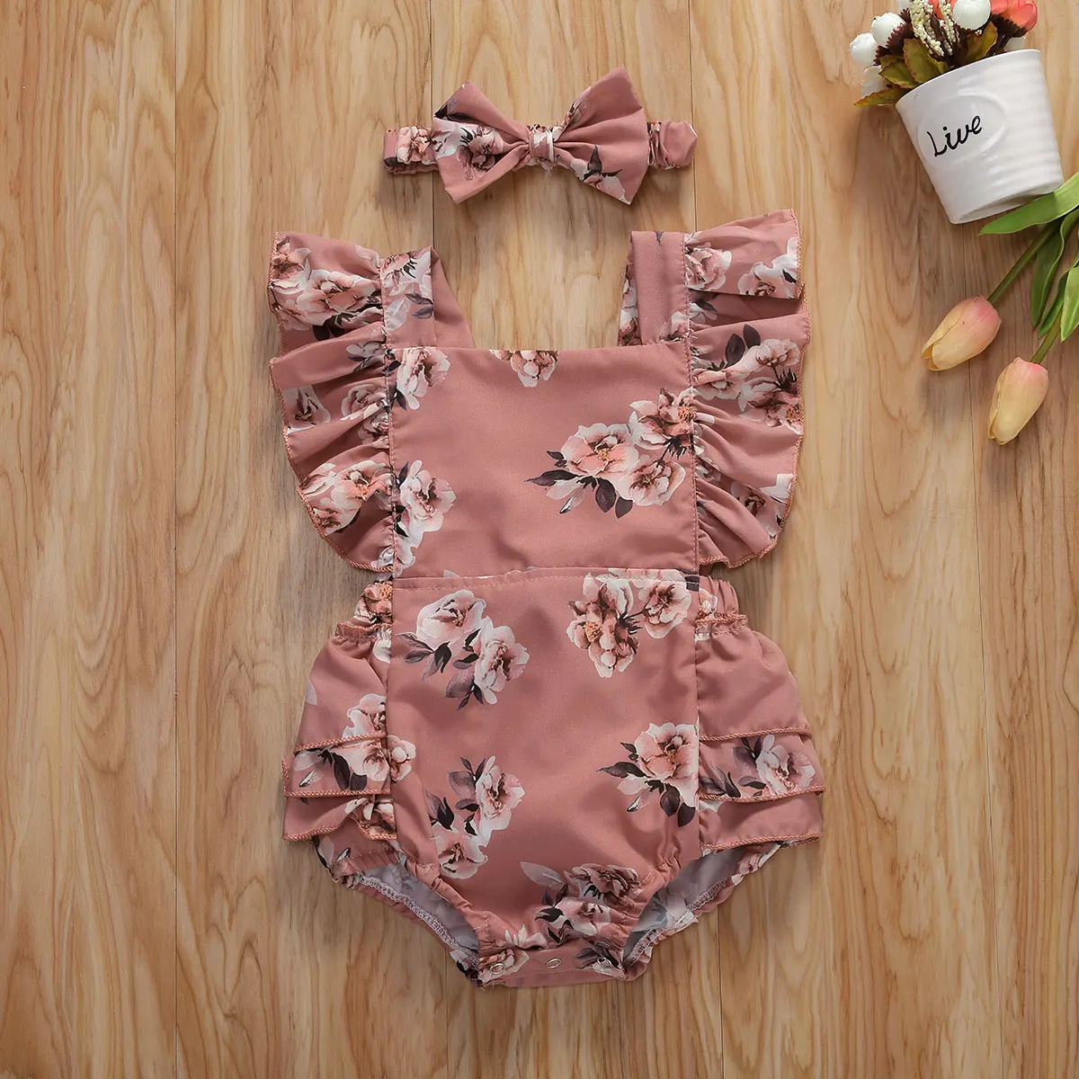 Summer Clothing Infant Newborn Baby Girl Floral Romper Girls Sleeveless Ruffled Jumpsuits With Baby Headband