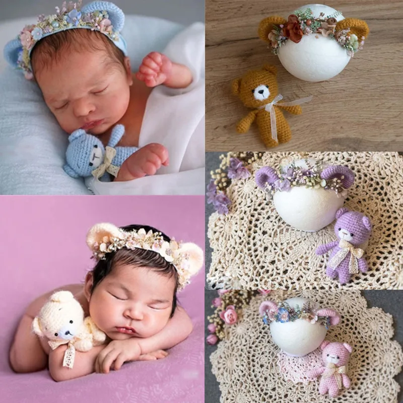 2 Pcs Newborn Baby Crochet Bear Doll Knitted Hat Set Beanie Bear Cap Handmade Toys Photography Props Photo Studio Accessories