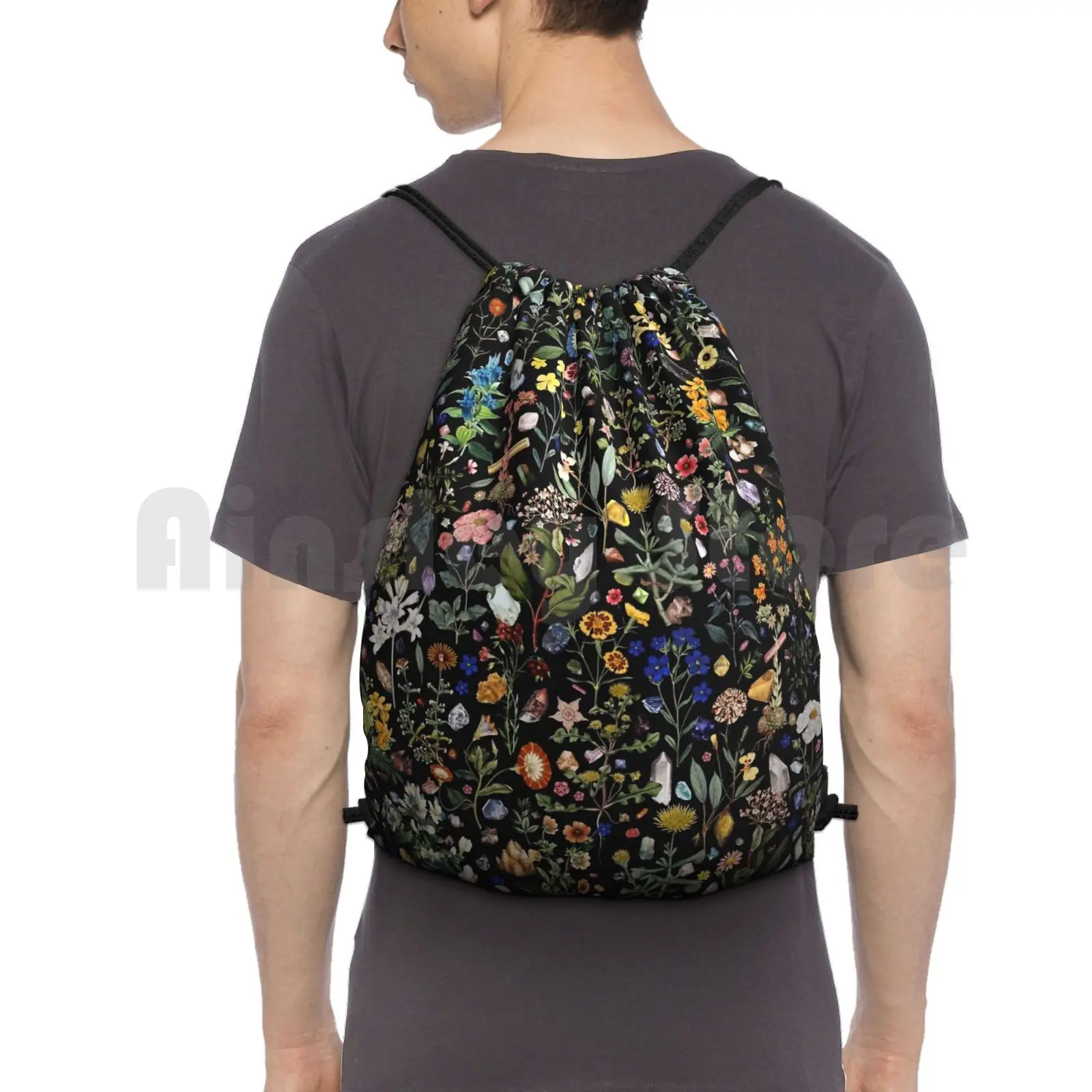 Healing Backpack Drawstring Bags Gym Bag Waterproof Floral Digita L Plant Flower Crystal Quartz Nature Colorful Color