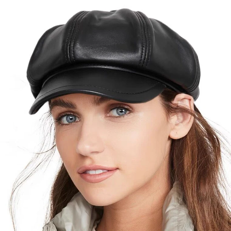 

Genuine Leather Beret Hat Winter Spring Hats For Women Painter Cap Vintage Beret Female Black Boinas England Style Hat