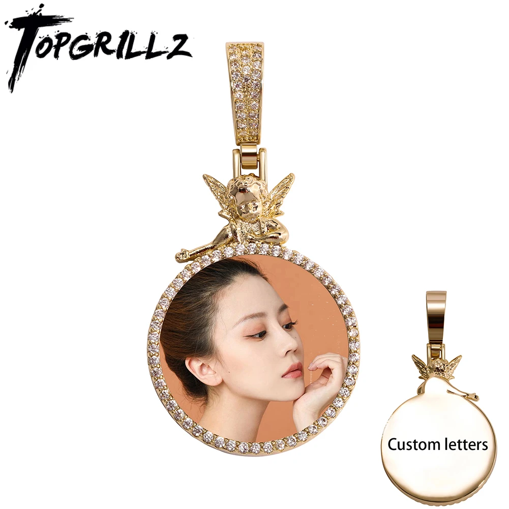 

TOPGRILLZ New Personalized Custom Photo Pendant Iced Micro Pave CZ Round Pendant With Angel Accessories Jewelry For Men Women