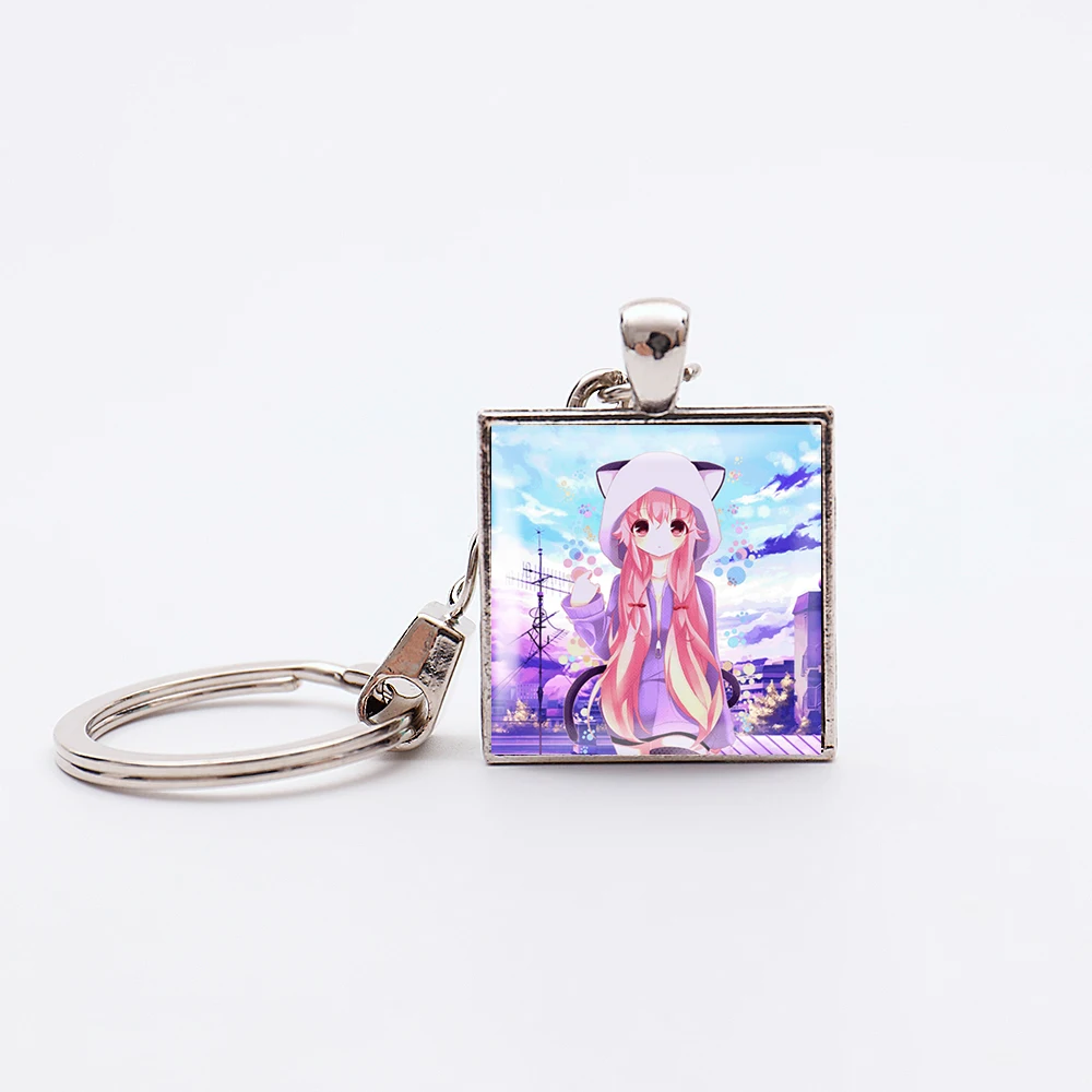 Anime Mirai Nikki Square Keychains Cosplay Gasai Yuno Silver Plated Pendant Keyrings Amano Yukiteru Key Holder Jewelry