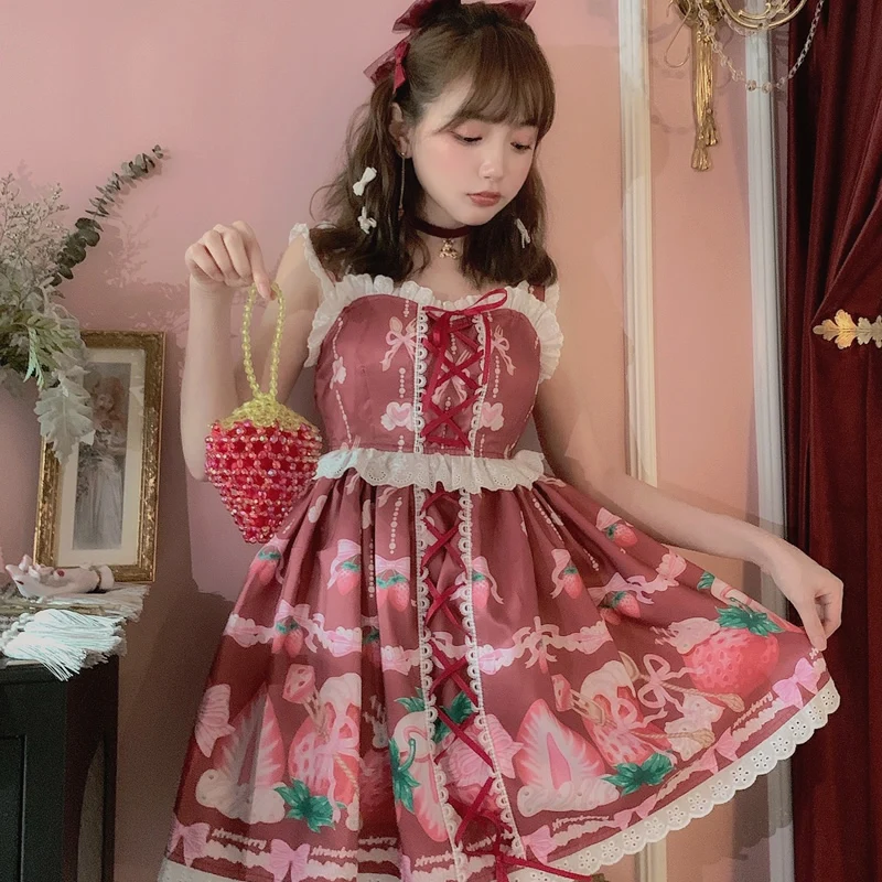 Princess sweet lolita dress Bobon21 Sweet strawberry magic summer print lace up thin suspender dress fashion women D1759