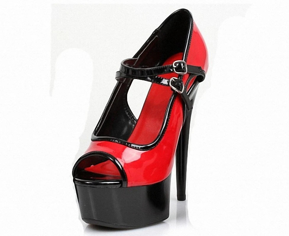 Sexy Fetish 6Inch Strip Thin High Heel Exotic Platform Sandals Women 15cm Pumps Rosy Red Patchwork Peep Toe Pole Dance Shoes