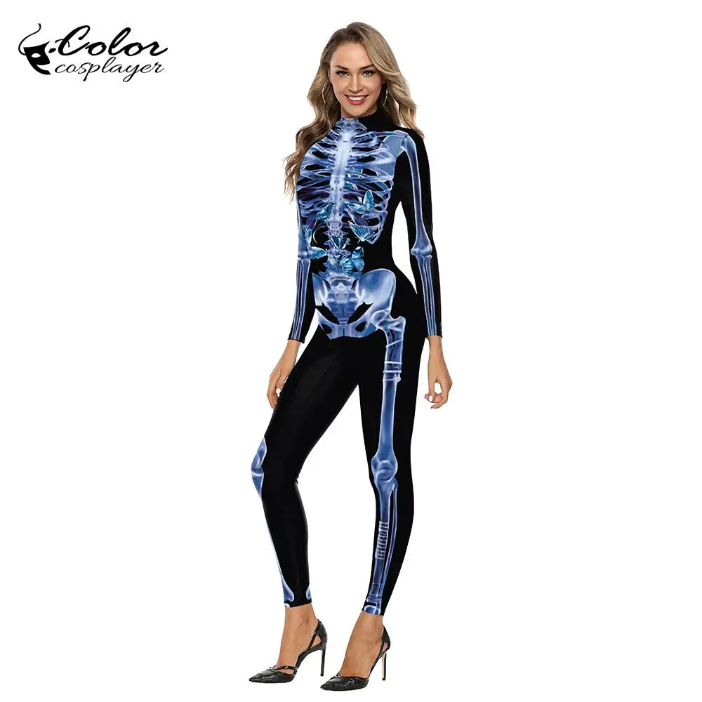 Costume Cosplay di Halloween Blue Skeleton Print Unisex Zentai Purim Carnival Party body manica lunga Slim tute Anime Dress