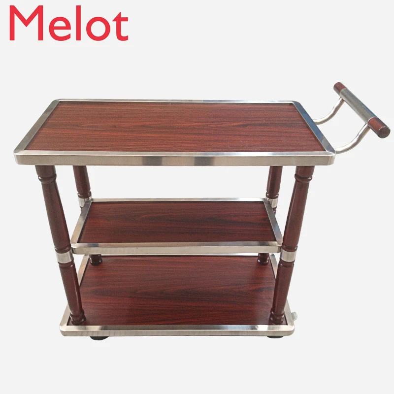 Mobile Drinks Trolley Food Distribution Table Three-Layer Solid Wood Car Banquet Tea Service Trolley Stainless Steel