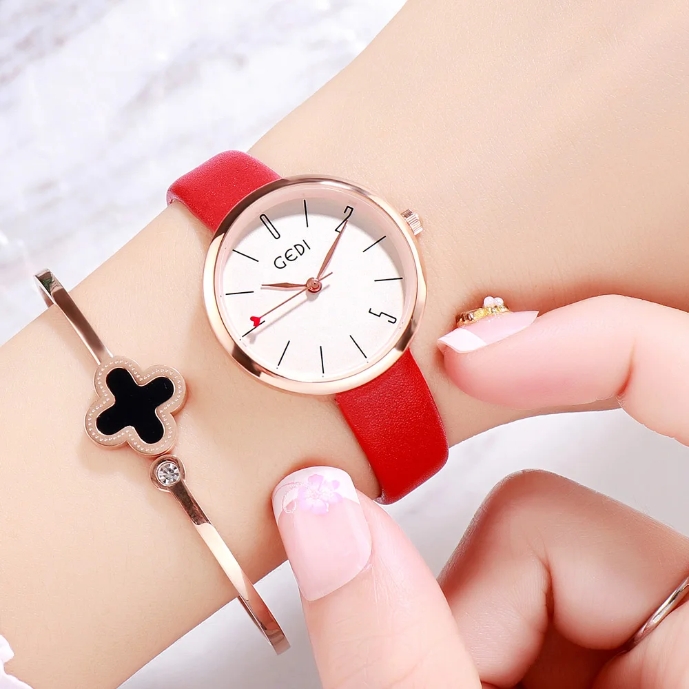 GEDI-ساعة كوارتز من الجلد للنساء ، رفيعة ، غير رسمية ، أنثوية ، عصرية