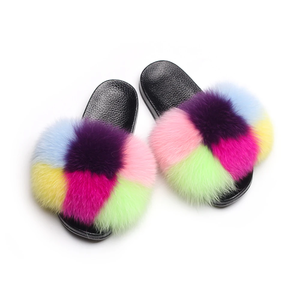 Fluffy Flip Flops Real Fox Fur Slippers Ladies Furry Fur Slides Plush Beach Slippers Flat Heel Summer Sandals Women House Shoes