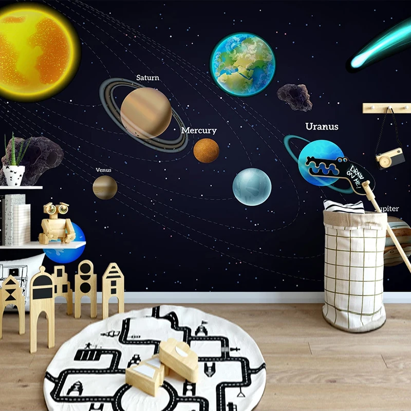 

Custom 3D Mural Cartoon Space Universe Planet Poster Wall Painting Children Room Bedroom Backdrop Photo Wallpaper For Kids Room