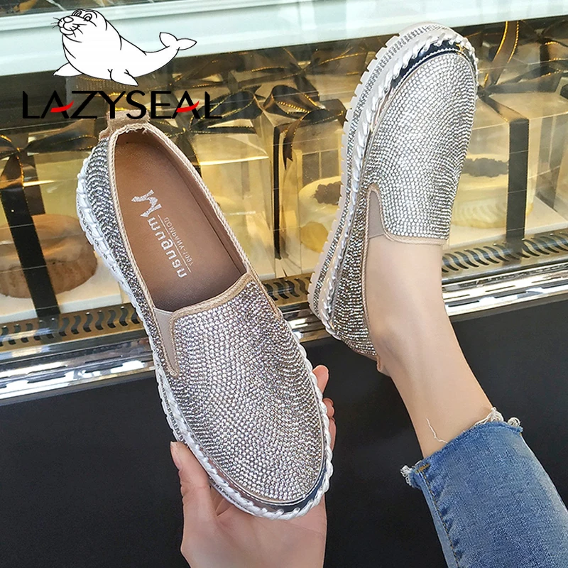 LazySeal Crystal Diamonds Women Flats Bling Woman Shoes Rhinestone Ladies Casual Shoes Round Toe Slip-on Platform Shoes