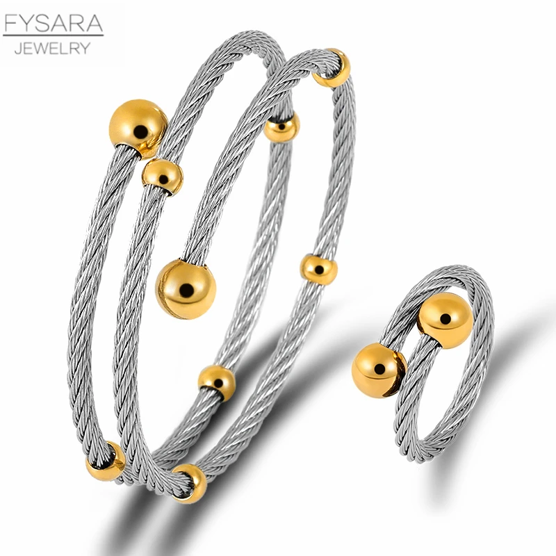 FYSARA Multi-layer Rope Cable Wire Fashion Jewelry Set Women Stainless Steel Bracelet Ring Round Ball Trendy Jewelry Set Couple