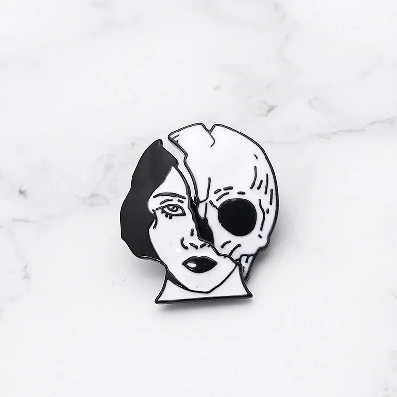 Weird Girls Head Enamel Pins Black And White Horror Face Brooches Skull Collection Badges Backpack Denim Creative Jewelry Gifts